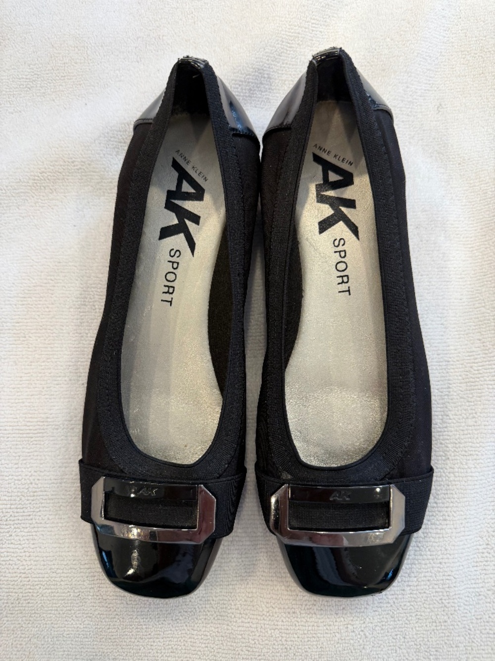 Anne Klein Sport Black Ballet Flats Women’s 7.5 Square Toe Silver Buckle Comfort